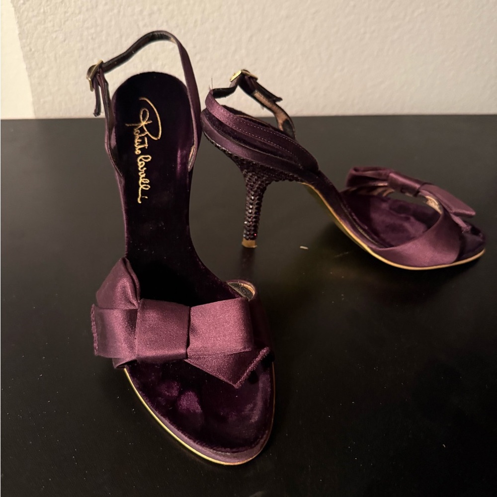 Roberto Cavalli vintage dark purple leather Slingback Bow satin heels Size 37| 7